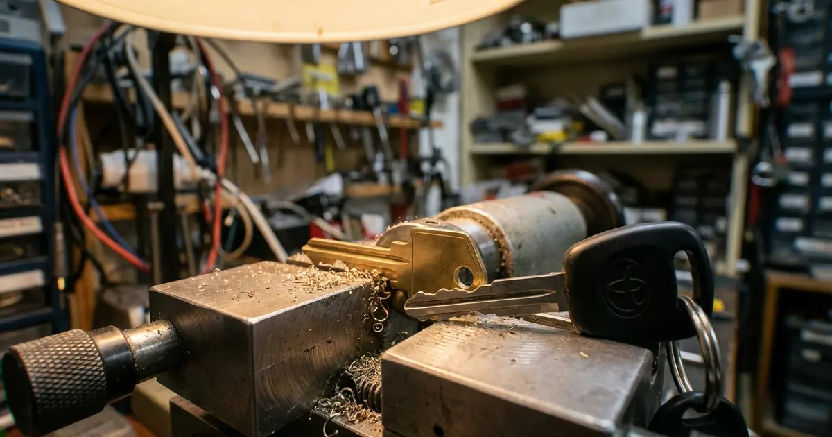 Autoschlüssel mit Transponderchip wird in einer Schlüsseldienstwerkstatt auf einer Fräsmaschine dupliziert