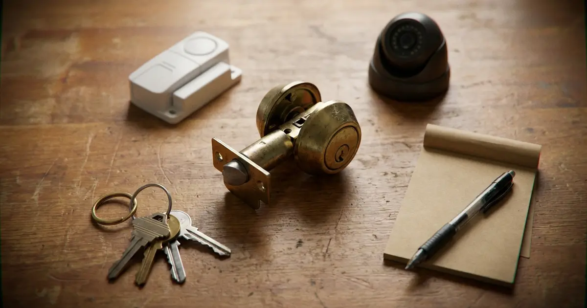 Einbruchschutz-Zubehör auf einem Holztisch: Türschloss, Fenstersensor, Überwachungskamera und Schlüssel
