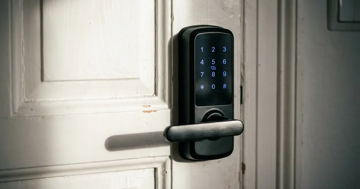 Modernes elektronisches Türschloss wird von einem Fachmann an einer Eichenholz-Haustür montiert