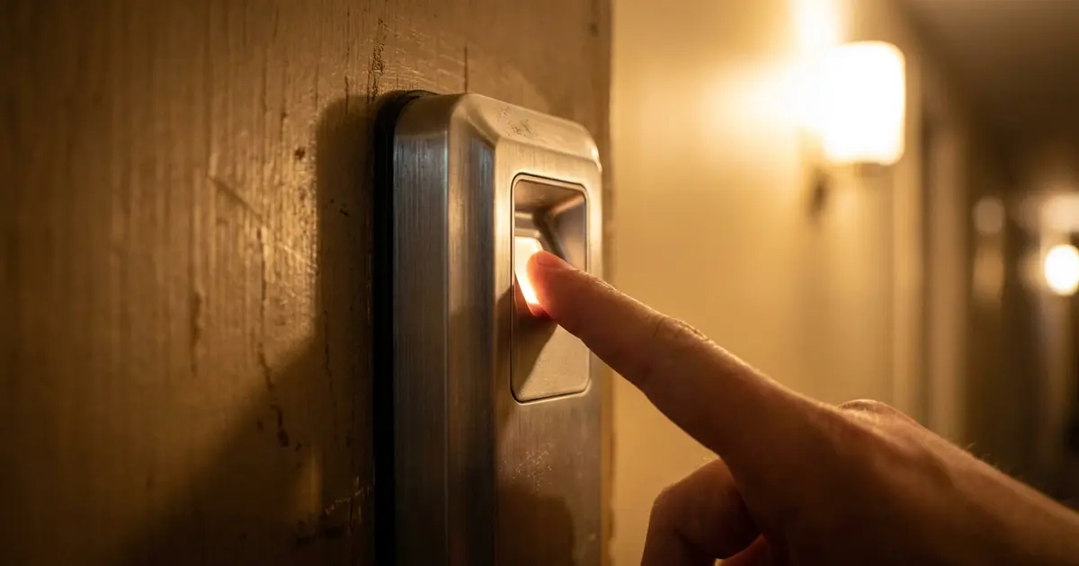 Fingerabdruck Türschloss – Finger auf Fingerprint-Scanner an moderner Haustür