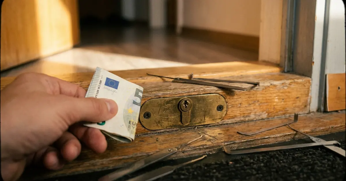 Euroschein neben einem Türschloss-Zylinder und Schlüsseldienst-Werkzeug auf einer Holztür