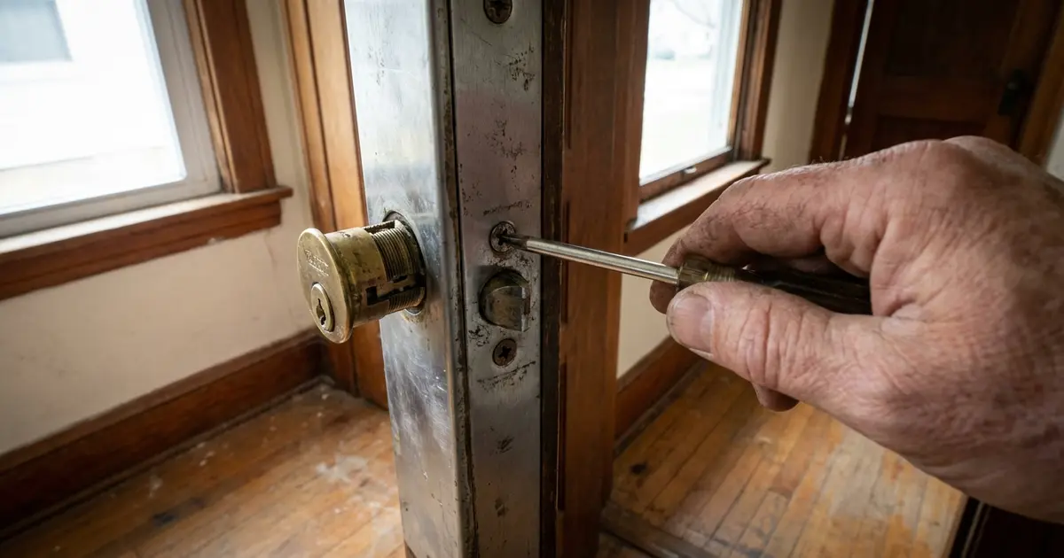 Hände eines Heimwerkers beim Austausch eines Schließzylinders an einer Wohnungstür