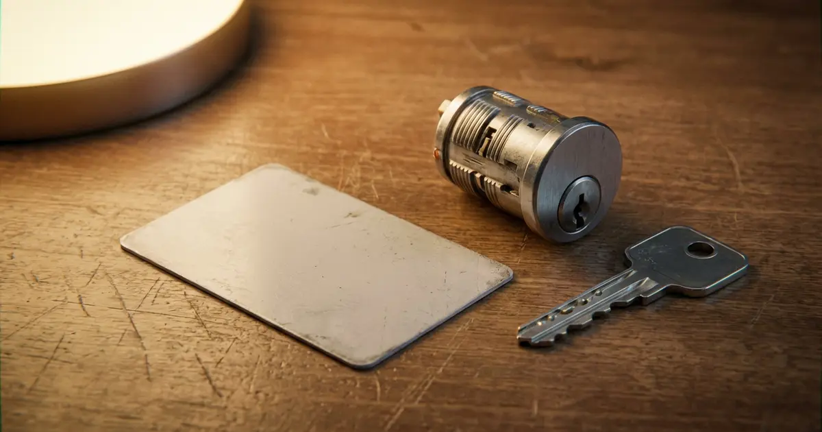 Schließzylinder mit Sicherungskarte und Wendeschlüsseln auf einem Tisch