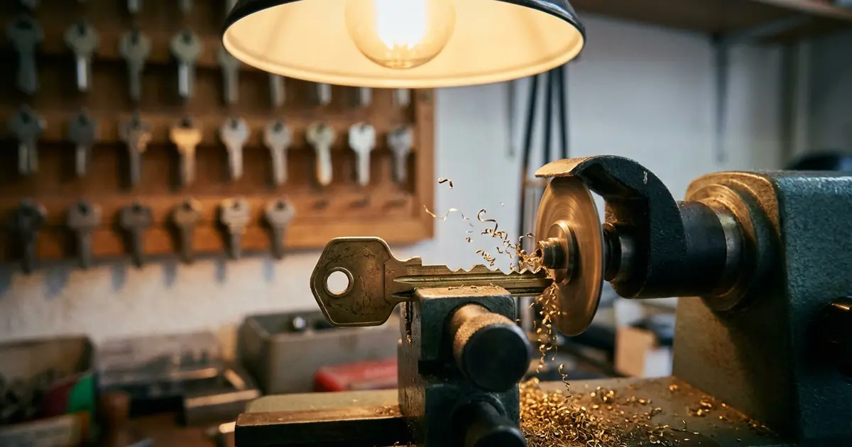 Haustürschlüssel wird auf einer Präzisionsfräsmaschine im Schlüsseldienst nachgemacht