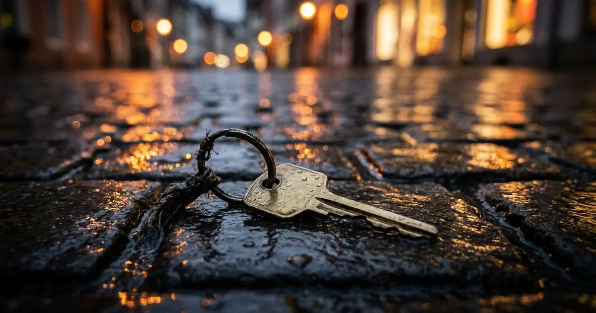 Verlorener Hausschlüssel liegt auf nassem Kopfsteinpflaster bei Dämmerung