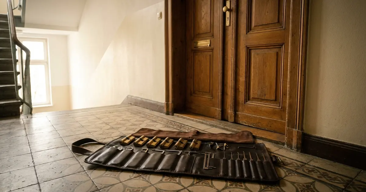 Euro-Geldscheine neben Schlüsseldienst-Werkzeug und Türzylinder auf einem Schreibtisch