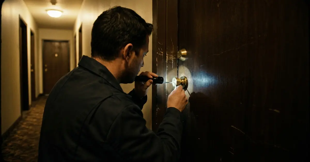 Schlüsseldienst-Monteur öffnet nachts eine Wohnungstür im Hausflur