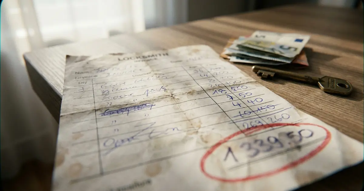 Verdächtige Schlüsseldienst-Rechnung mit überhöhten Preisen auf einem Küchentisch