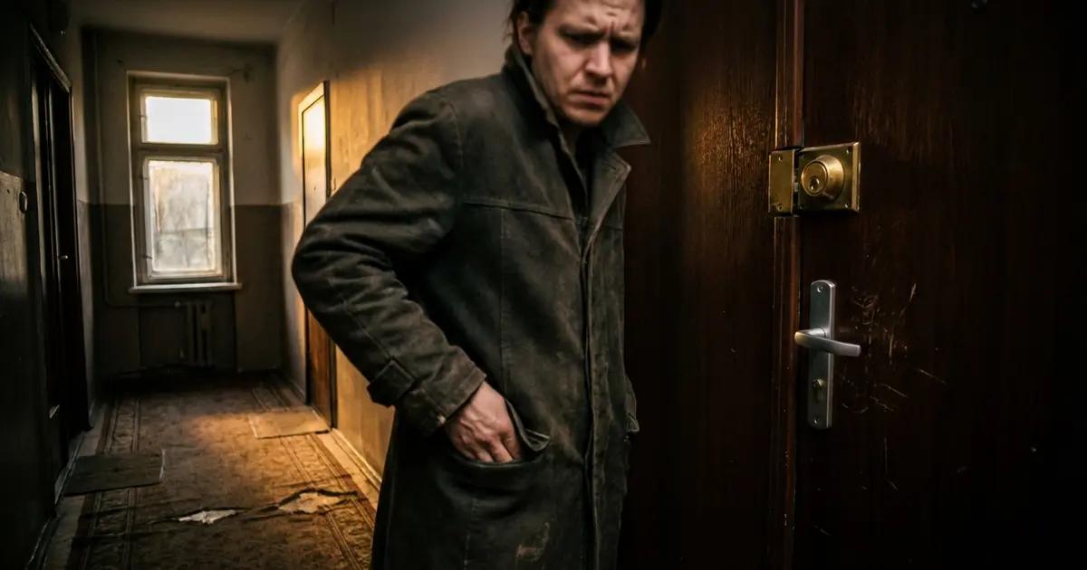 Person steht ausgesperrt vor verschlossener Wohnungstür im Hausflur