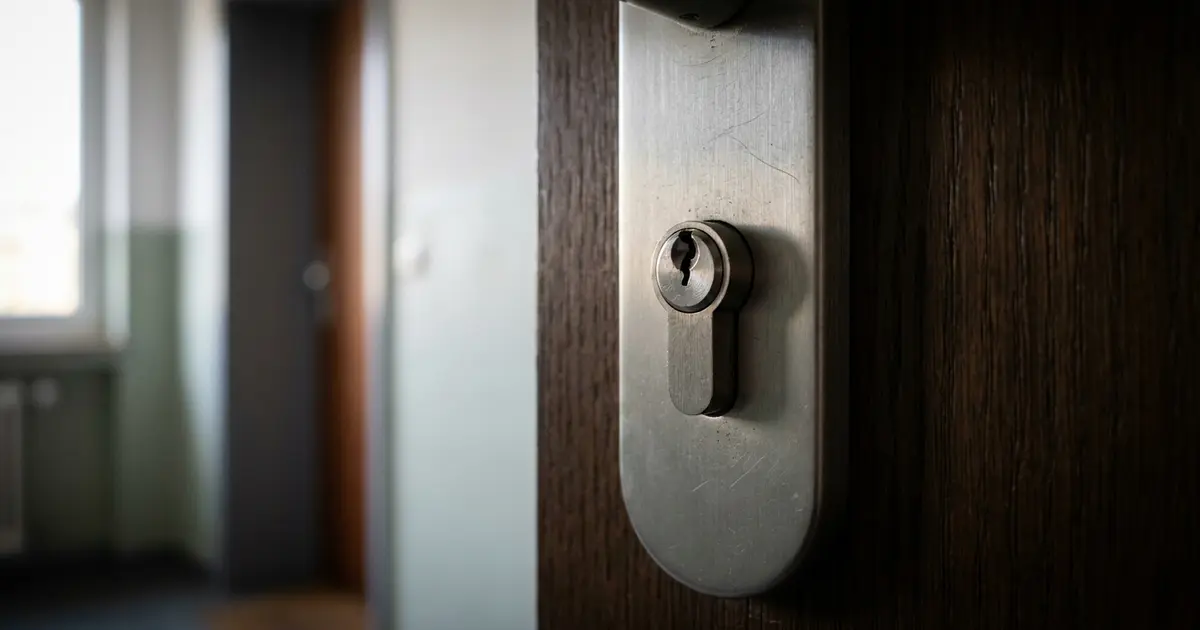 Verstärkte Wohnungstür mit Sicherheitszylinder und Schutzbeschlag in einem deutschen Hausflur