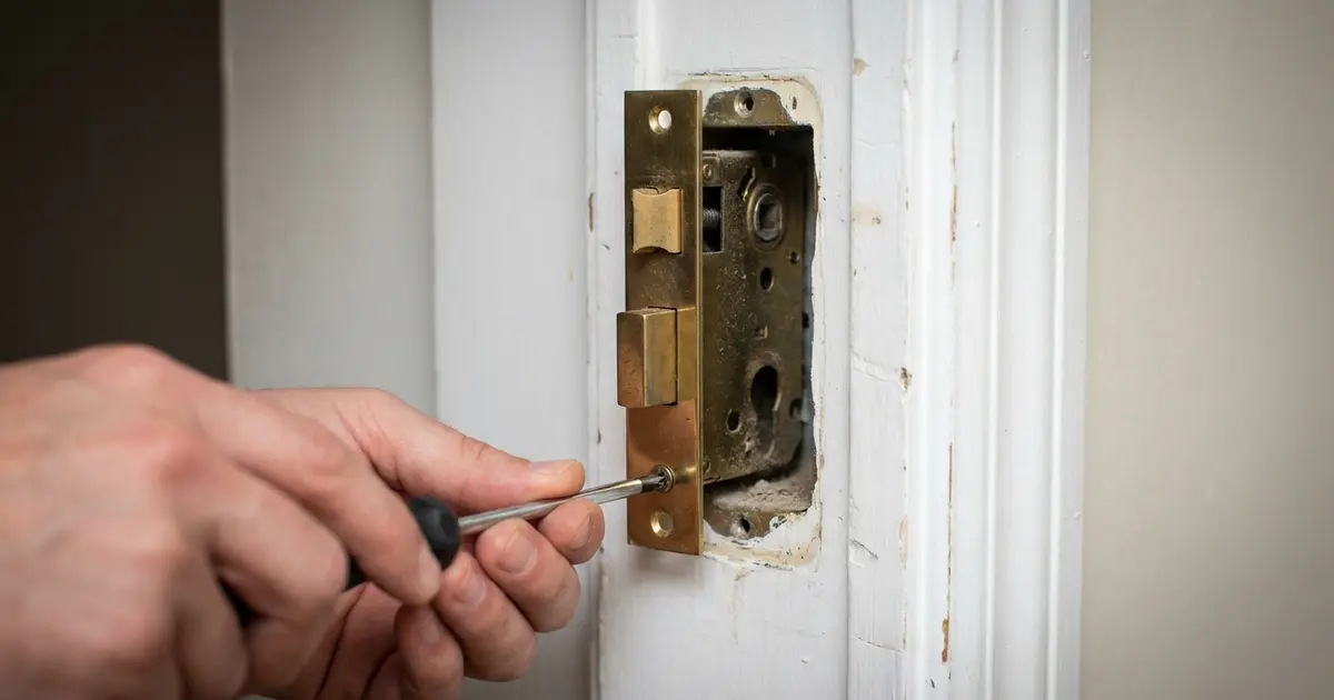 Schlüsseldienst-Monteur tauscht ein Einsteckschloss an einer Wohnungstür aus