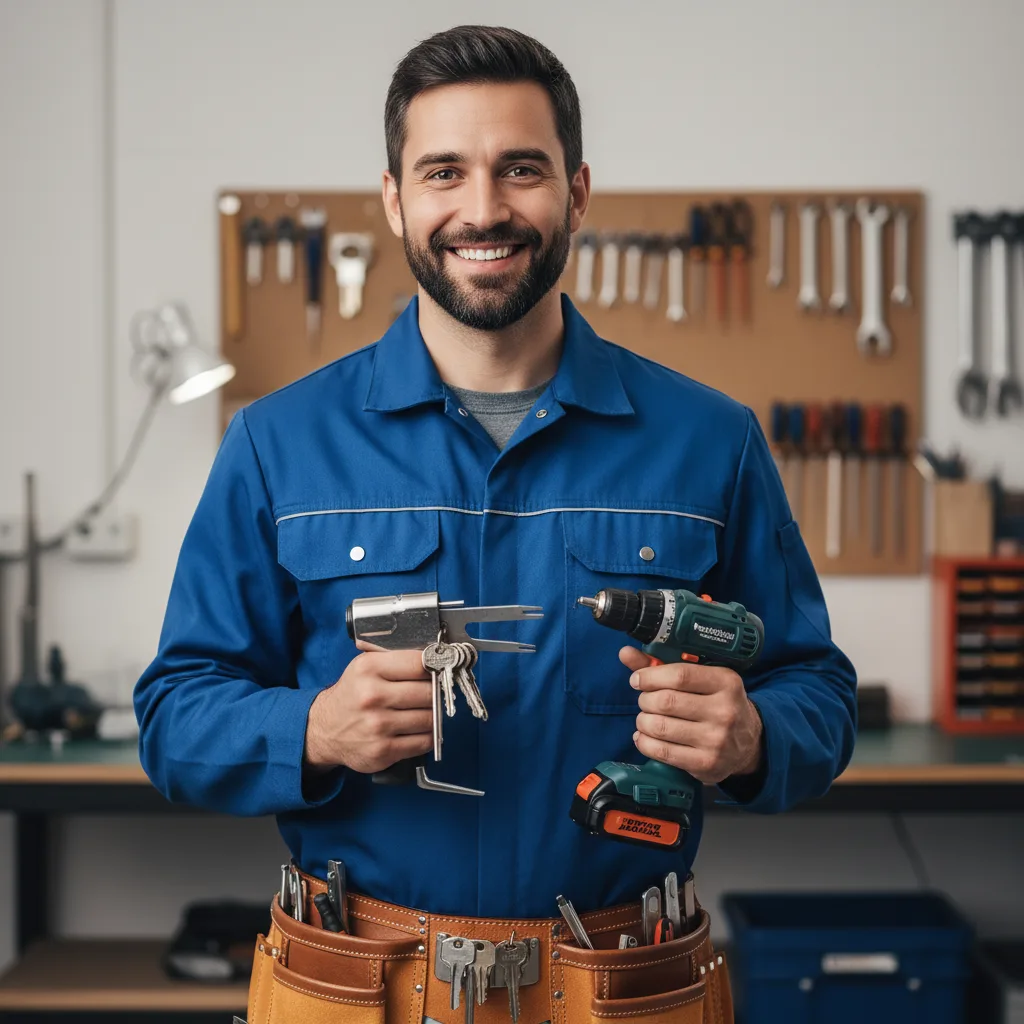 Freundlicher Schlüsseldienst-Techniker in Arbeitskleidung