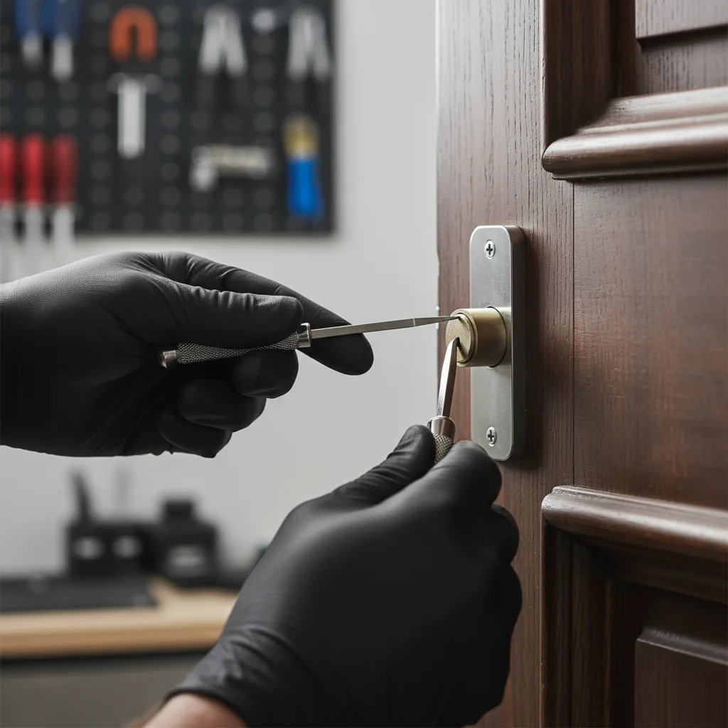 Schlüsseldienst öffnet zugefallene Tür mit Spezialwerkzeug